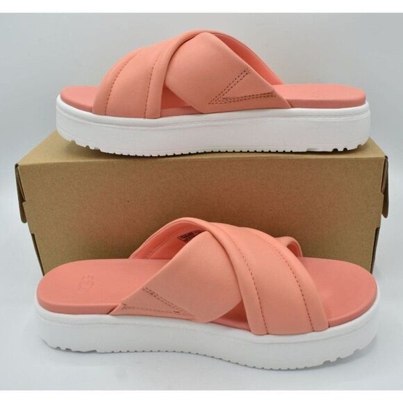 Ugg Womens Size 7 Zayne Crossband Starfish Pink Leather Platform Sandals Slides - Picture 2 of 11